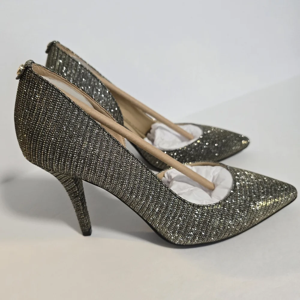 New Michael Kors Nathalie Flex High Pump Black Gold Glitter Mesh, Size 7.5M - Picture 5 of 17